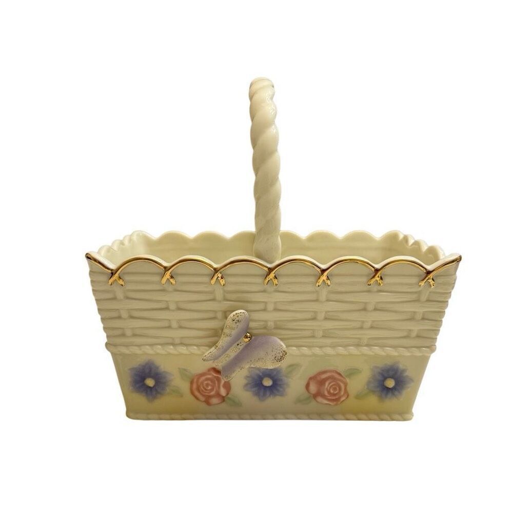 Lenox Porcelain Ivory Spring Garden Basket Blue Pink Floral 3D Butterfly Gold
